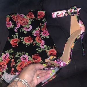 Beautiful Med floral top and heels size 9 Both fit true to size and never worn.